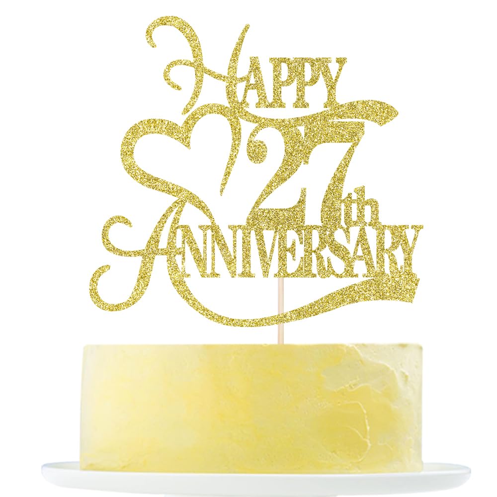 Yetxel Gold Glitter Cake Topper for 27th Anniversary - Paper Decoration, 27th Wedding/Birthday Party, Elegant Design