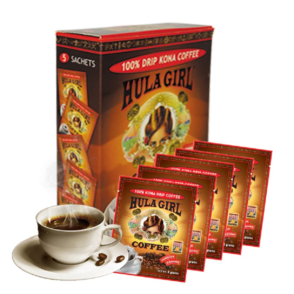 Hula Girl Drip Coffee Single Serve Pour Over (100% Kona, Box Of 5) Medium Roast