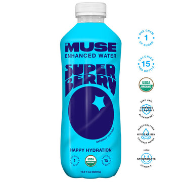 MyMuse Organic Enhanced Flavored Water, Super Berry, 16.9 Fl Oz Bottle (12 pack), 1G of Sugar, Immune Support with Zinc & Elderb