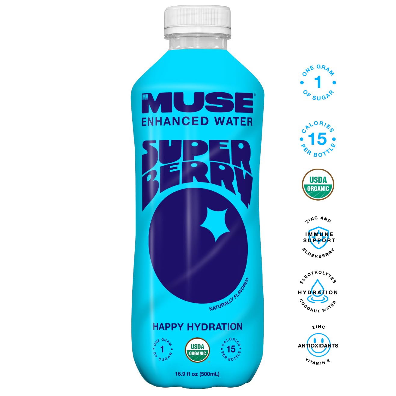 Mymuse Organic Enhanced Flavored Water, Variety Pack, 16.9 Fl Oz Bottle (12 Pack), 1G Of Sugar, Immune Support With Zinc & Elder