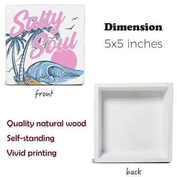 Retro Summer Decor, Beach Vibes Summer Decorations, Salty Soul Coastal Beachy Room Wood Sign For Desk Table Shelf 5 X 5 Inches