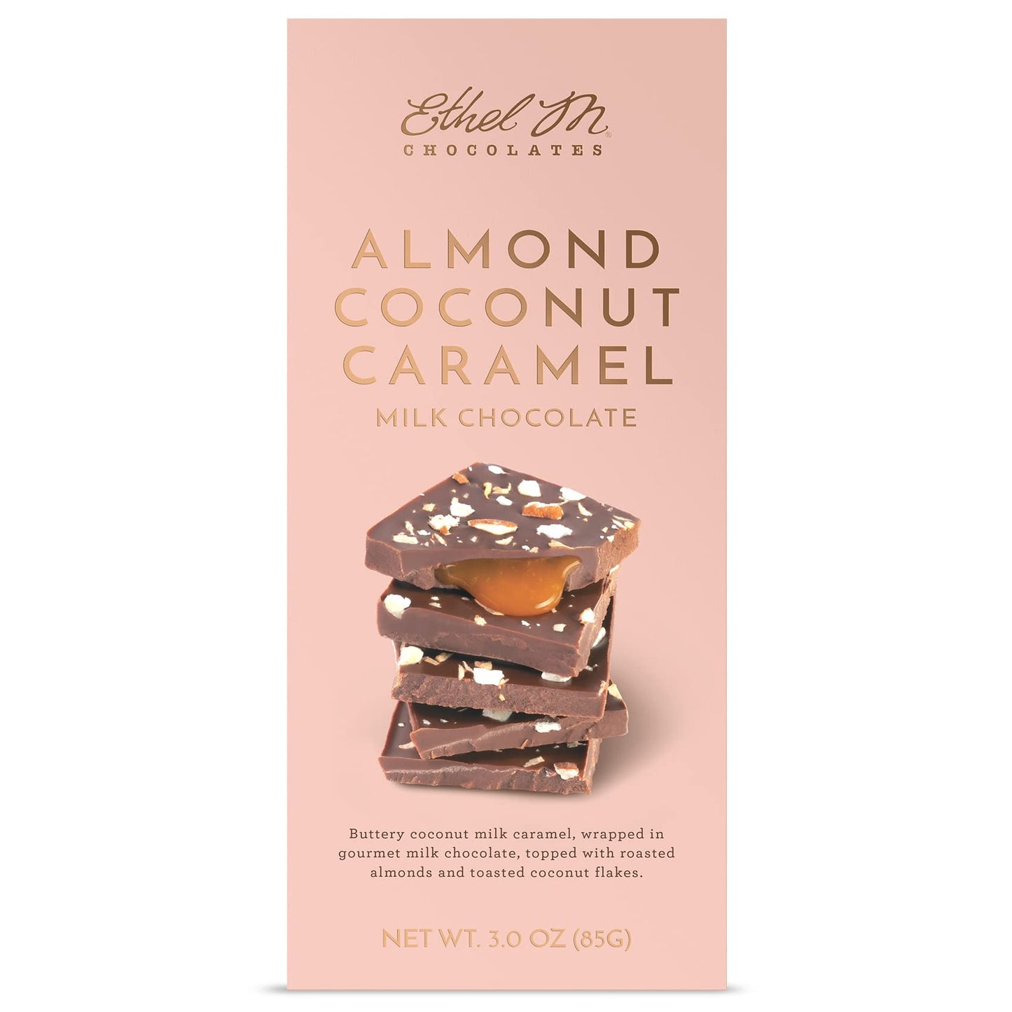 Ethel M Chocolates Small-Batch Gourmet Milk Chocolate Bar with Artisanal Coconut Caramel Soft Center and Drizzled on Roasted Alm