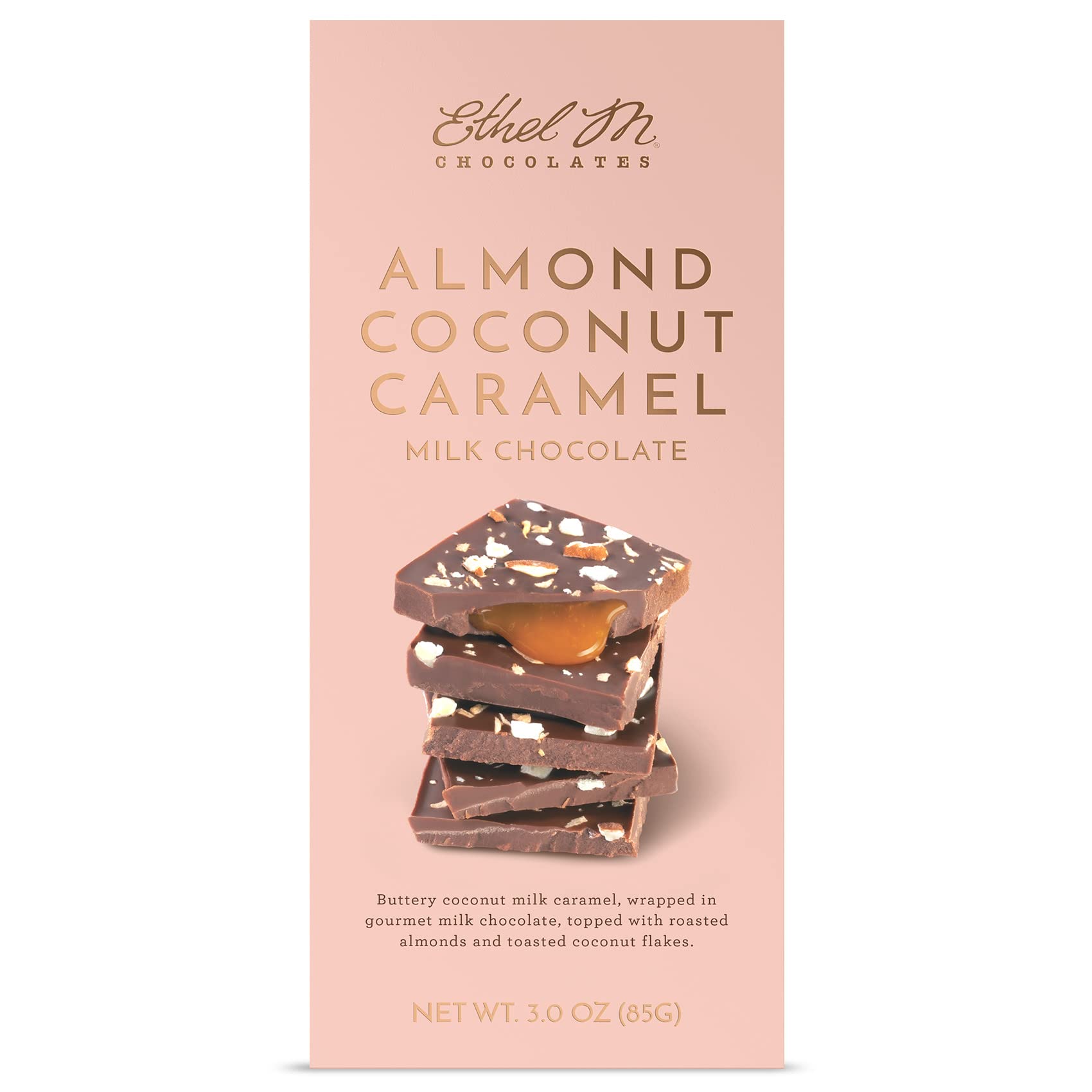 Ethel M Chocolates Small-Batch Gourmet Milk Chocolate Bar with Artisanal Coconut Caramel Soft Center and Drizzled on Roasted Alm