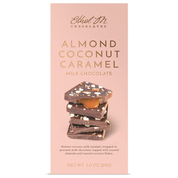 Ethel M Chocolates Small-Batch Gourmet Milk Chocolate Bar with Artisanal Coconut Caramel Soft Center and Drizzled on Roasted Alm