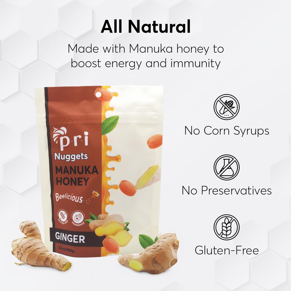 Pri Manuka Honey & Ginger Nuggets, Sweet And All Natural Hard Candy Treat, 3.5Oz