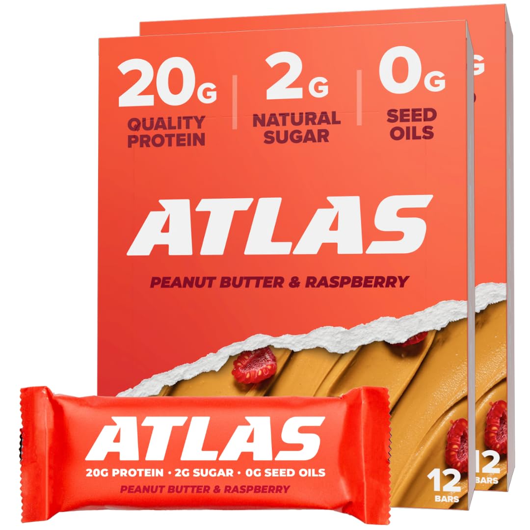 Atlas Bars - 20g Protein, 2g Natural Sugar, 0g Seed Oils (Peanut Butter Raspberry, 24 Count)