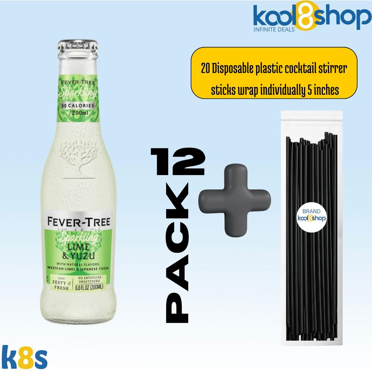 Fever-Tree Yuzu and Lime Premium Mixer 12 Pack Glass Bottles + 20 Plastic Stirrer Sticks