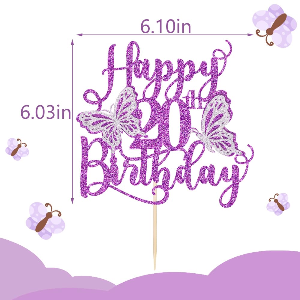 Kaoenla Butterfly Happy 20th Birthday Cake Topper, Purple Glitter 3D Decor