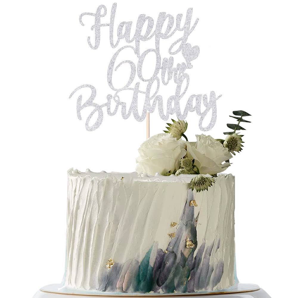 YUINYO 60th Birthday Cake Topper, Handmade Glitter Bunting Decor, Silver, Model MS-531