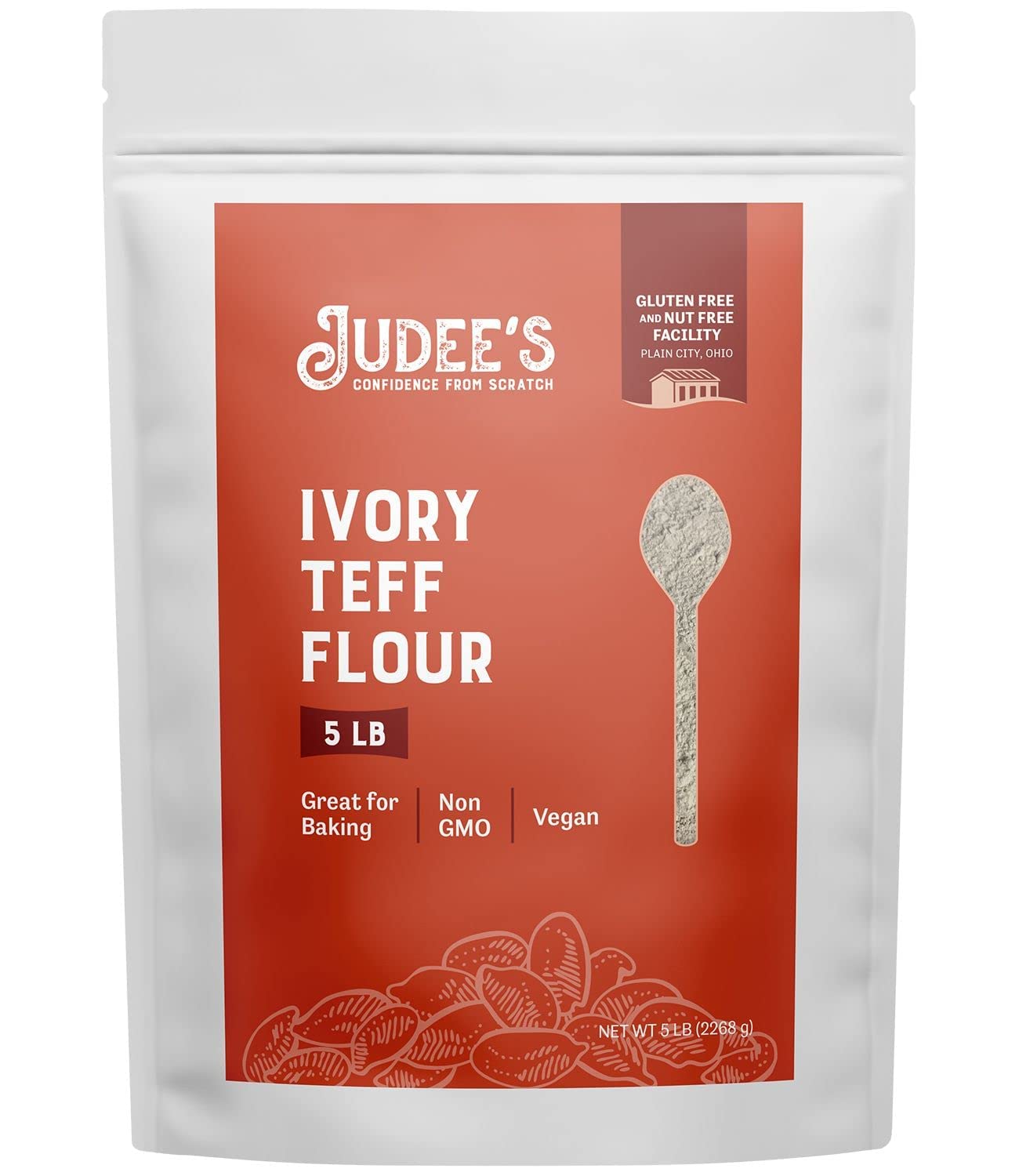 Judees Teff Flour - Gluten-Free, Non-GMO, Vegan, 5 lb - Great for Baking Bread, Muffins, Pancakes, and Cookies