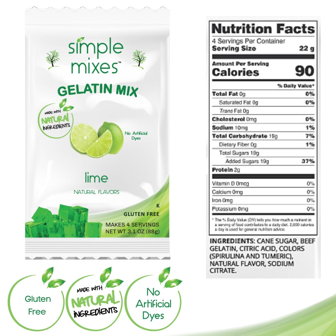 Simple Mixes Natural Gelatin Variety Pack, 2 Each: Strawberry, Orange & Lime, Healthy, Dye-Free, No Gluten or Fat, Kosher, 6 Pac