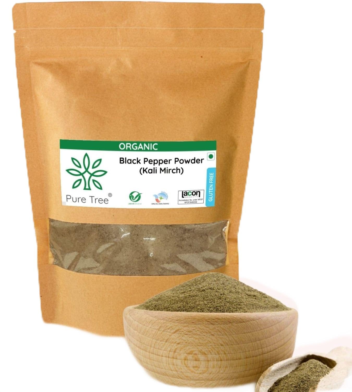Pure Tree Certified Organic Black Pepper Powder | 250 G | Kali Mirch Powder | Black Peppercorn Kaali Mirch | Aromatic Black Pepp