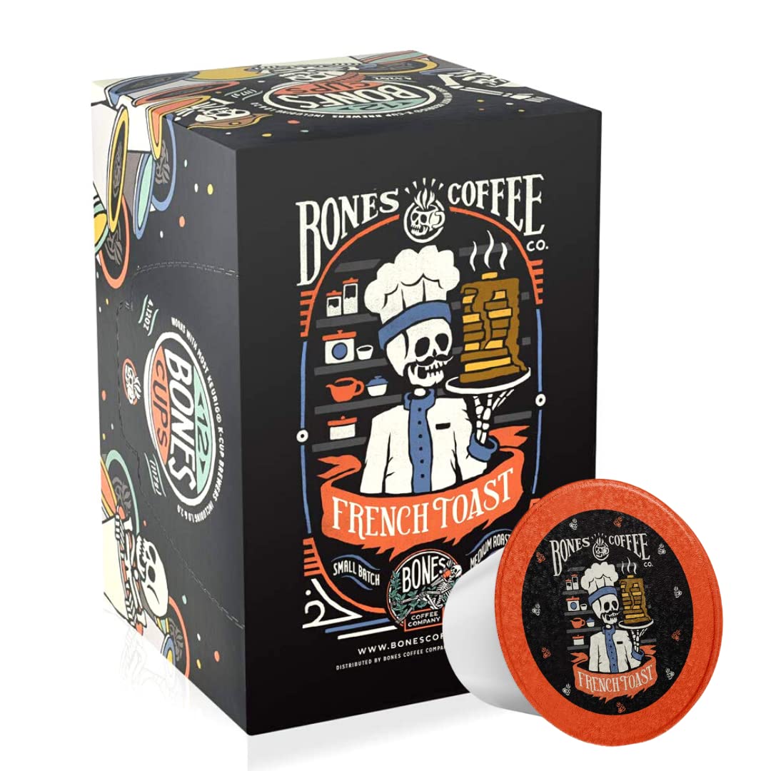 Bones Coffee Company Flavored Coffee Bones Cups French Toast | 12Ct Single-Serve Coffee Pods Compatible With 1.0 & 2.0 Keurig Coffee Maker | Sweet Buttery Flavor Aroma