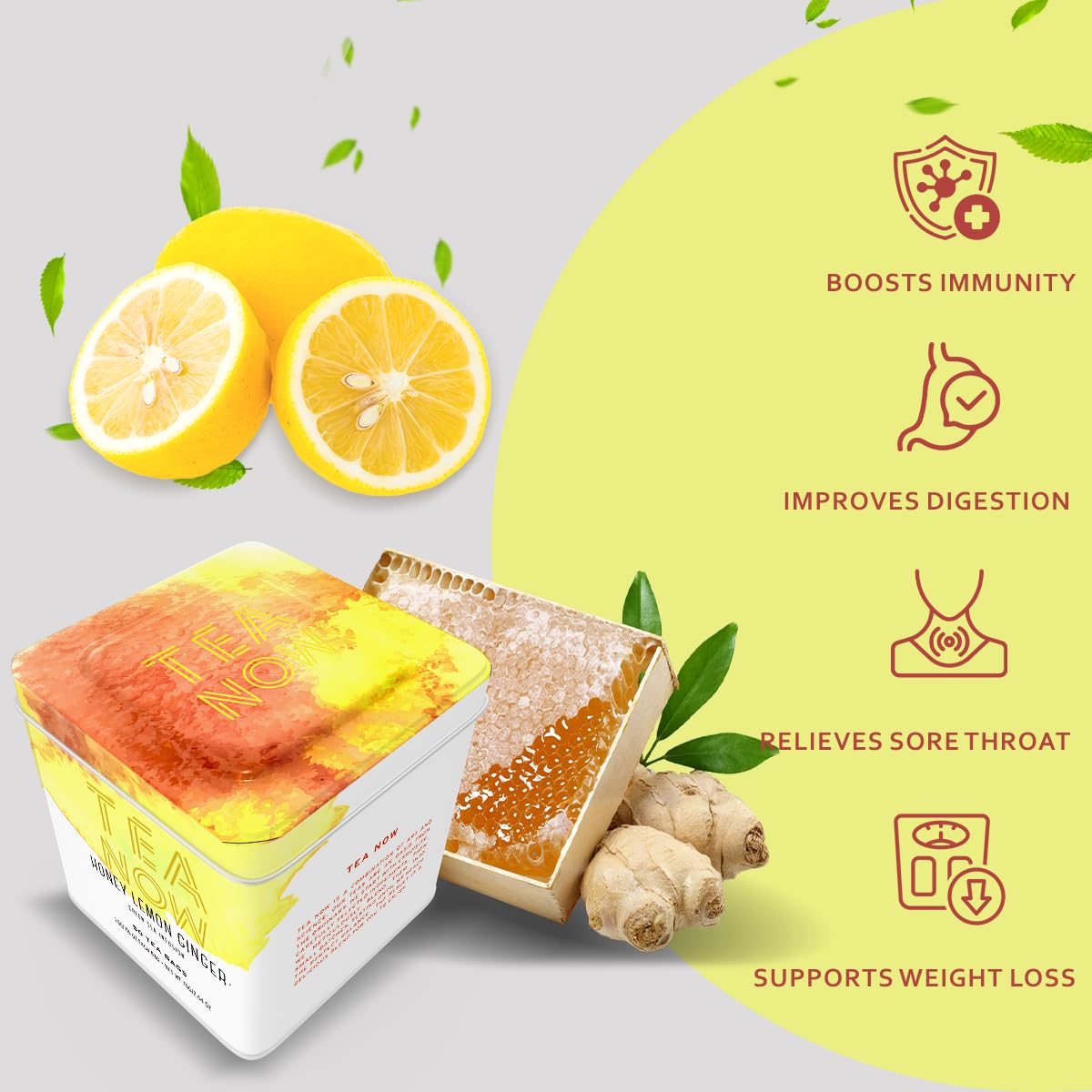 TEA NOW Honey Lemon Ginger Green Tea - Organic Ceylon, 50 Tea Bags, Herbal Teas with Antioxidants, Caffeinated, Perfect for Women