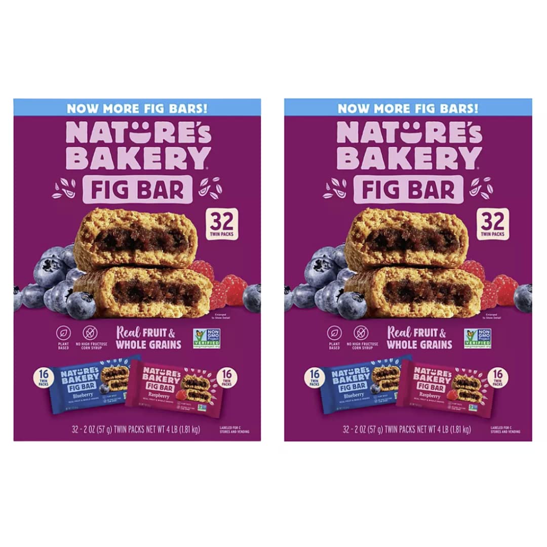Gourmet Kitchn Natures Bakery Whole Wheat Fig Bars - 2 Twin Pack Boxes, 64 Bars (32 Blueberry, 32 Raspberry Each) - Healthy Snac