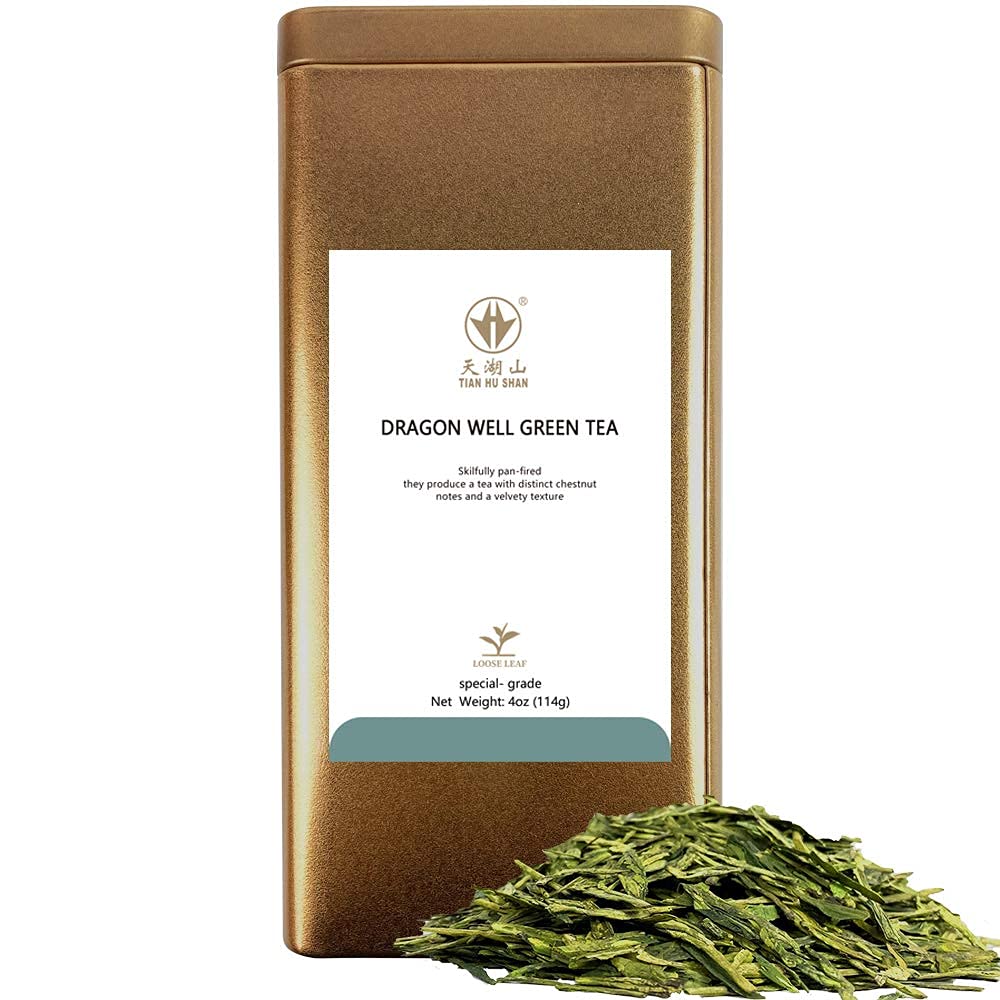 Tian Hu Shan Special Grade Tea Chinese Longjing/Dragon Well Green Tea Loose Leaf 4Oz (113G) Tin