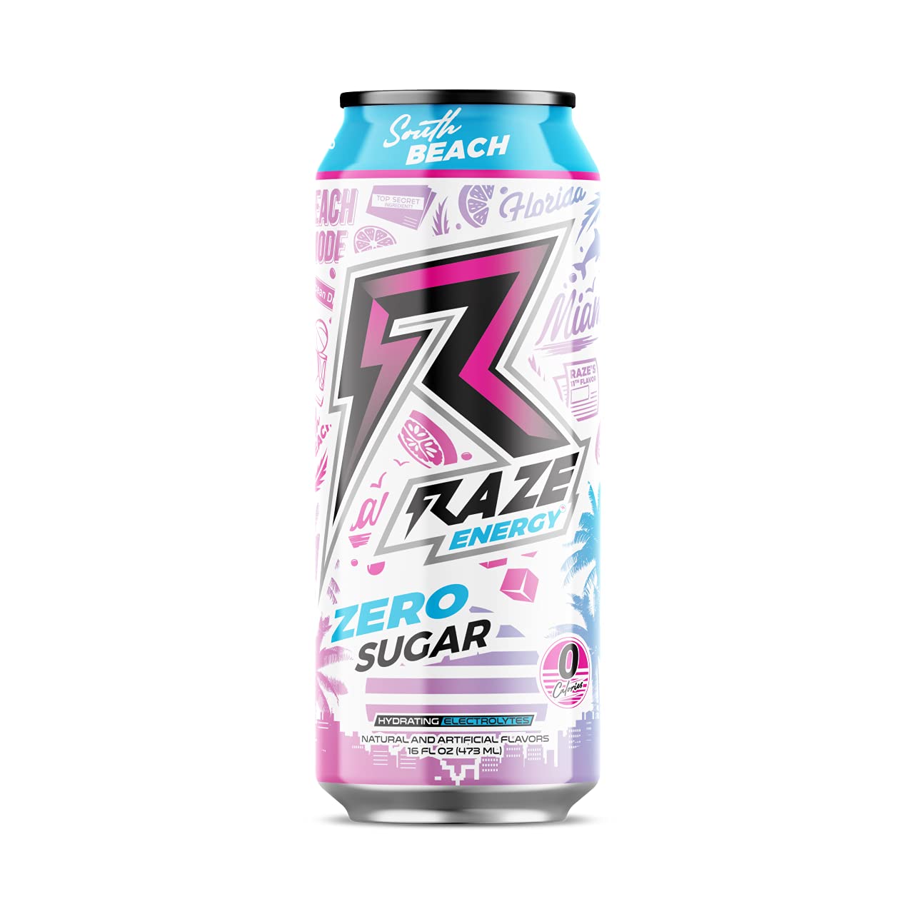 Repp Sports RAZE Zero Sugar Energy Drink, 300mg Caffeine, 16 Fl Oz, Sugar Free, Performance and Hydration, South Beach 12 Pack