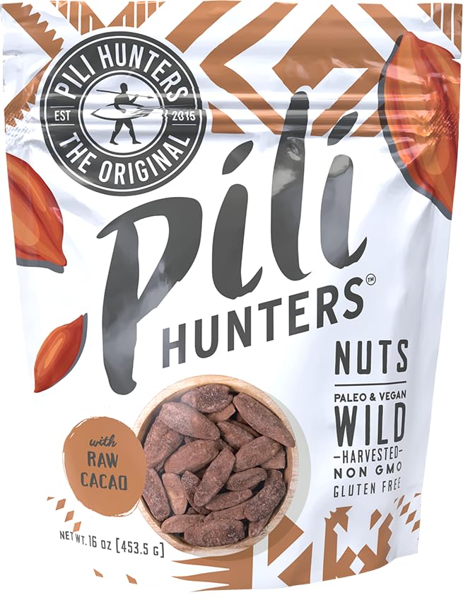 Pili Hunters Raw Cacao Pili Nuts - Vegan Keto Snack - Gluten Free - 16 oz Bag