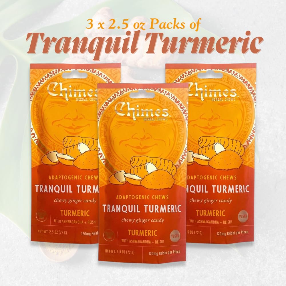 Chimes Tranquil Turmeric Adaptogen Ginger Chews Candy Pack Of 3, 7.5 Oz Total With Ashwagandha, Reishi, Turmeric And Curcumin, A