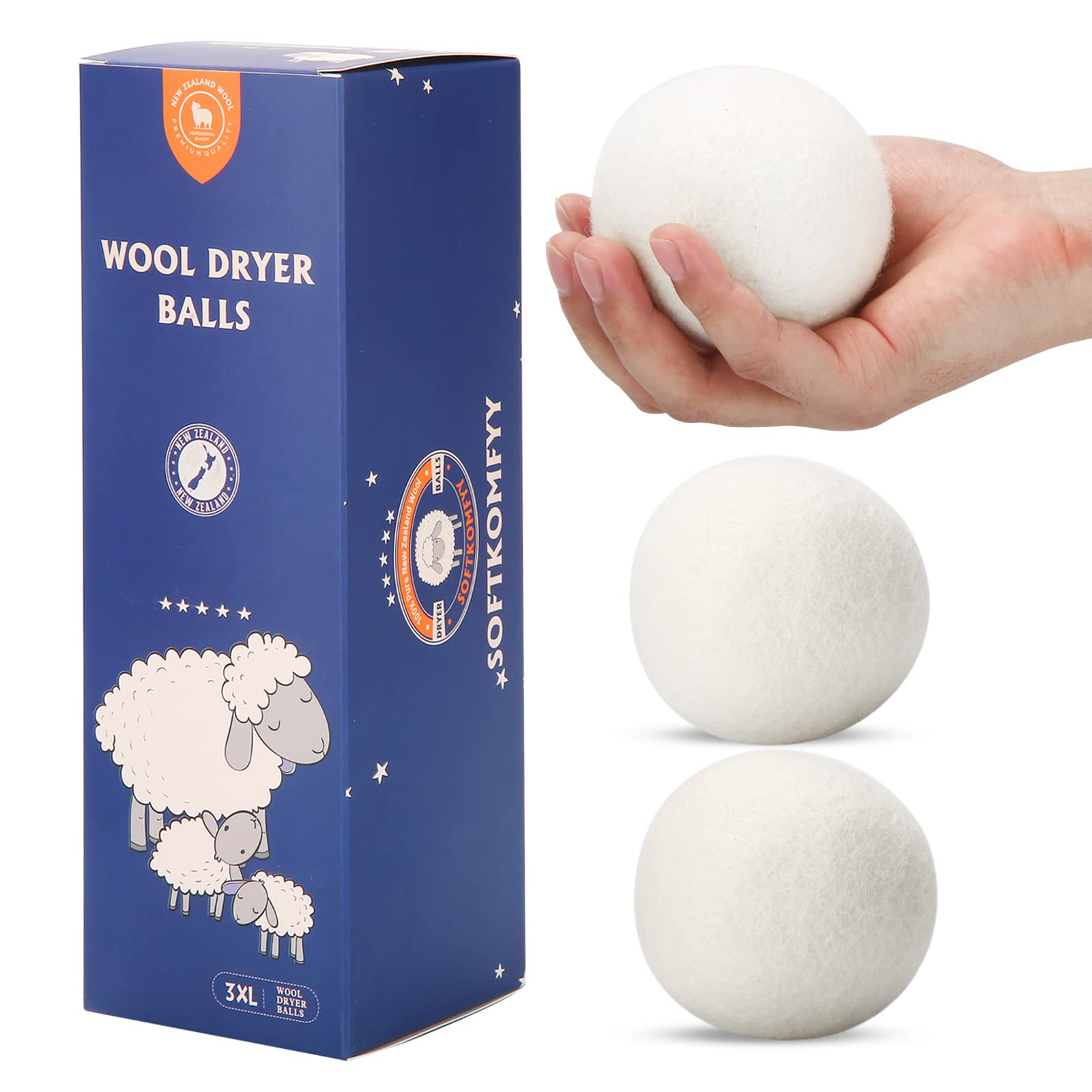 Wool Dryer Balls Handmade 3 Pack Xl,Organic Laundry Dryer Balls,100% New Zealand Wool Natural Fabric Softener,Reusable 1000 Load