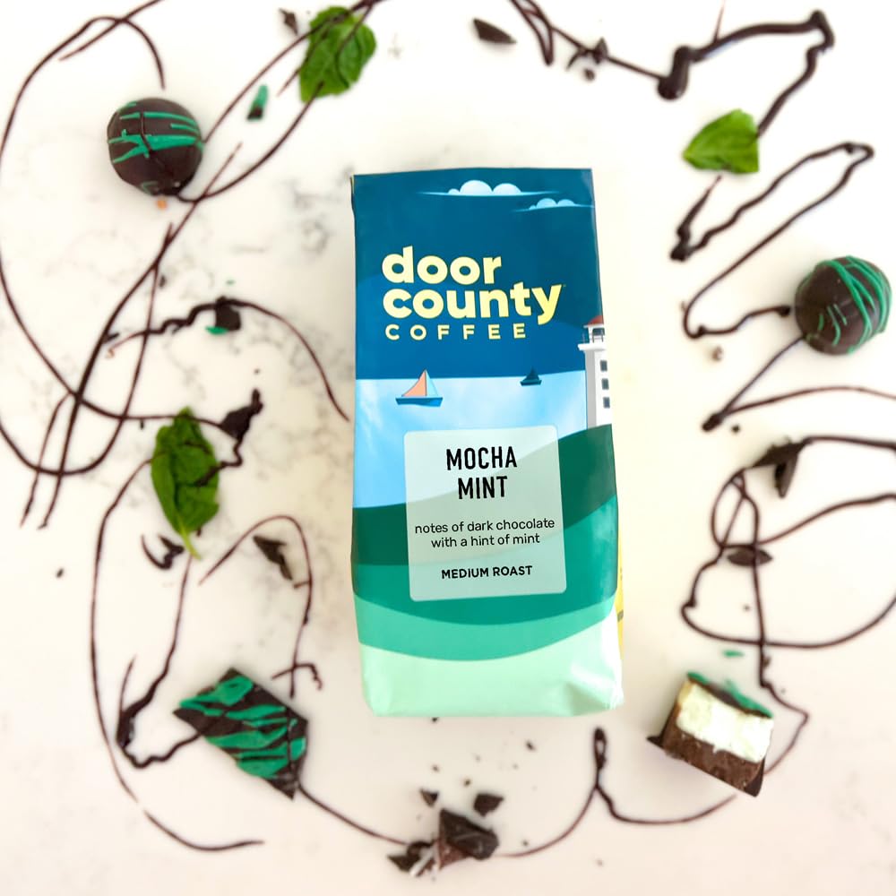 Door County Coffee - Mocha Mint, Dark Chocolate & Mint Flavored Ground Coffee - Medium Roast, 10 Oz Bag