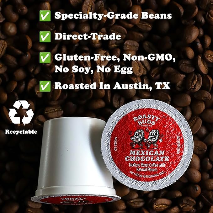 Roasty Buds Coffee Mexican Chocolate Pods 12 Count | Single-Serve 11g Per Pod | Recyclable  Gluten-Free  Non-GMO  No Sugar/Dairy/Soy/Egg