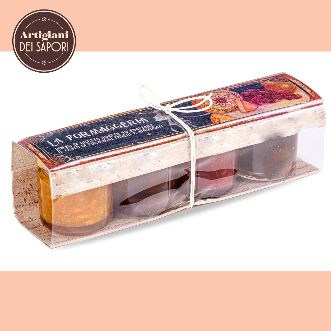Artigiani dei Sapori La Formaggeria    Cheese Condiment 4-Pack - Sweet Tropea Onion Jam, Chili Jam, Chestnut Honey & Mixed Berri