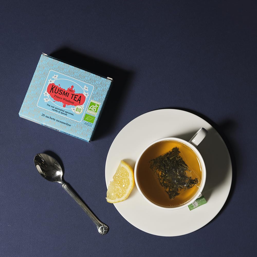 KUSMI TEA Organic Earl Grey Black Tea - Prince Vladimir - 2 Boxes of 20 Tea Bags - Flavored with Citrus, Cinnamon, and Spices