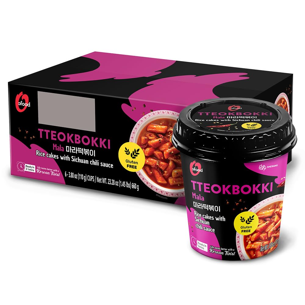 O'Food Mala Cup Tteokbokki Pack of 6, Numbing & Spicy Sichuan Pepper Flavor, Gluten-Free Korean Rice Cakes, Microwaveable & Inst