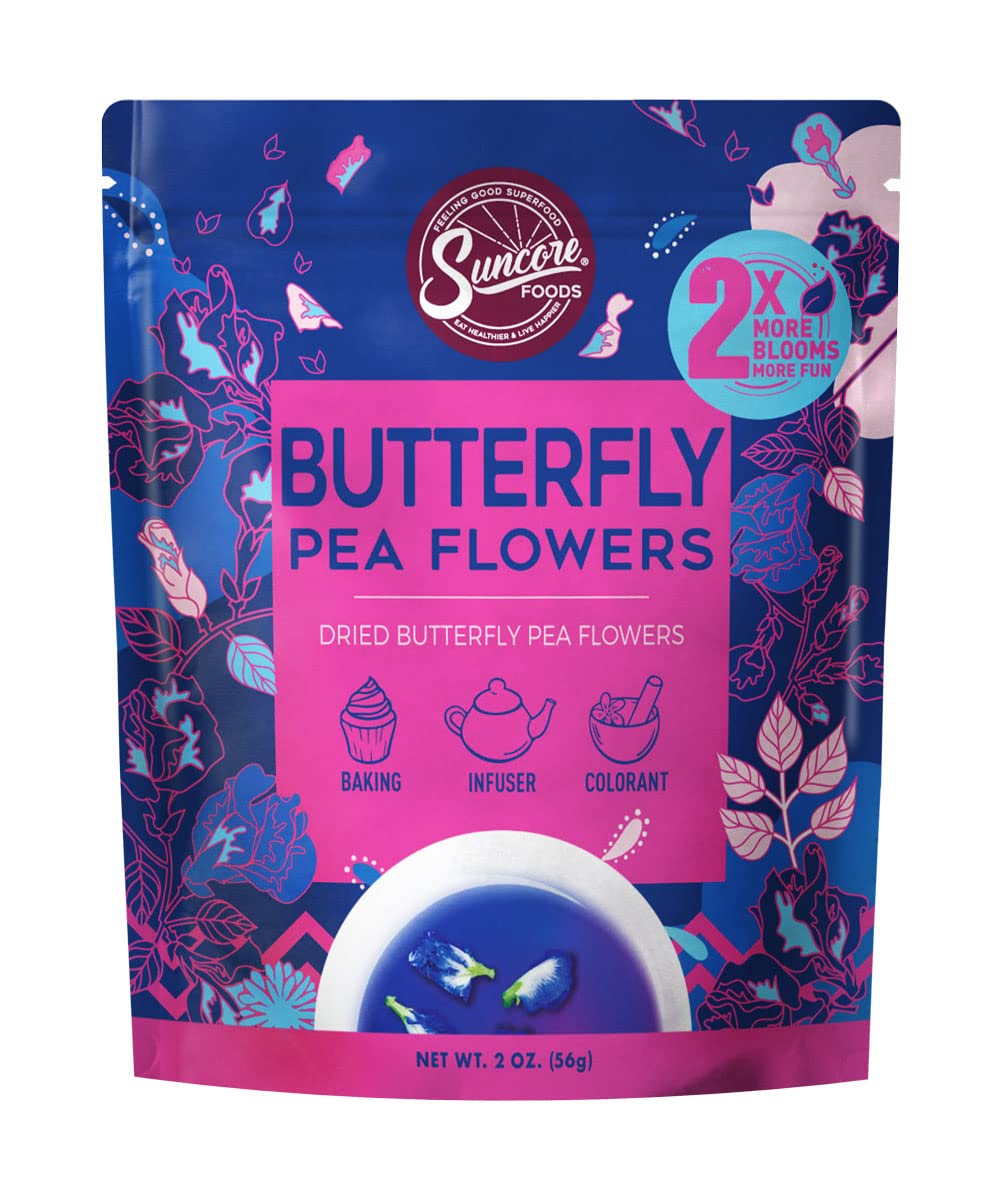Suncore Foods Dried Butterfly Pea Flowers Tea, Caffeine-Free, Gluten-Free, Non-GMO, 2oz, Blue/Purple/Pink