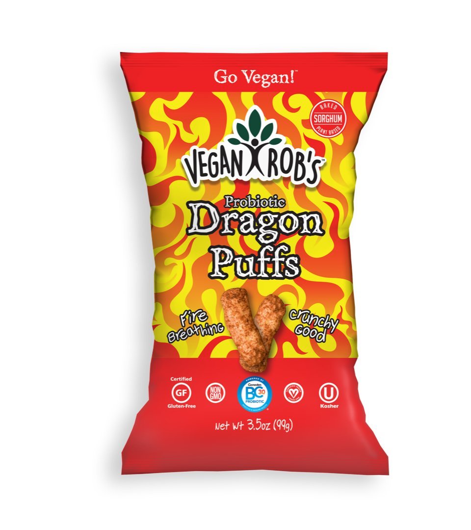 Vegan Robs Puffs, Dragon | Made with Probiotics, Gluten-Free Snack, Plant Based, Vegan, Zero Trans Fats |3.5 Ounce (Pack of 12)