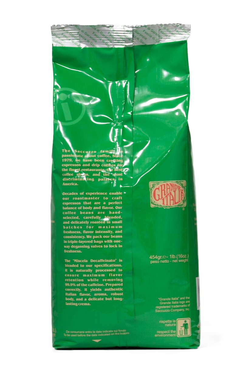 Grande Italia Decaf Whole Bean Espresso, Miscela Decaffeinato, 1Lb