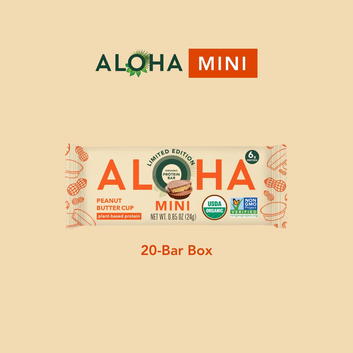 ALOHA Organic Plant Based Protein Bar MINIS |Peanut Butter Cup | 20 Count, 24g Bars | Vegan, Low Sugar, Gluten Free, Low Carb, N