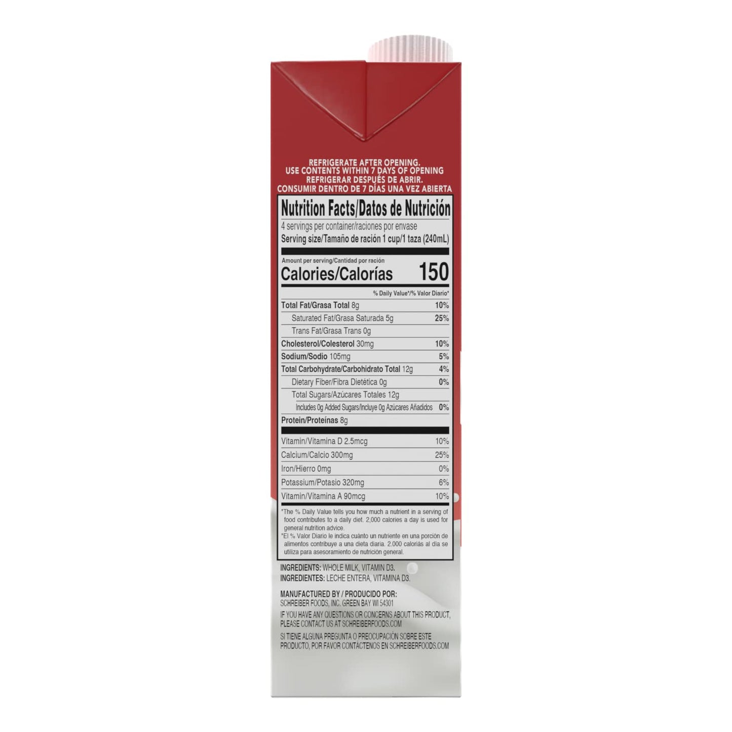 Schreiber Whole Milk  Shelf Stable Milk  Low Fat with Vitamin A & D  32 oz (6 Pack)