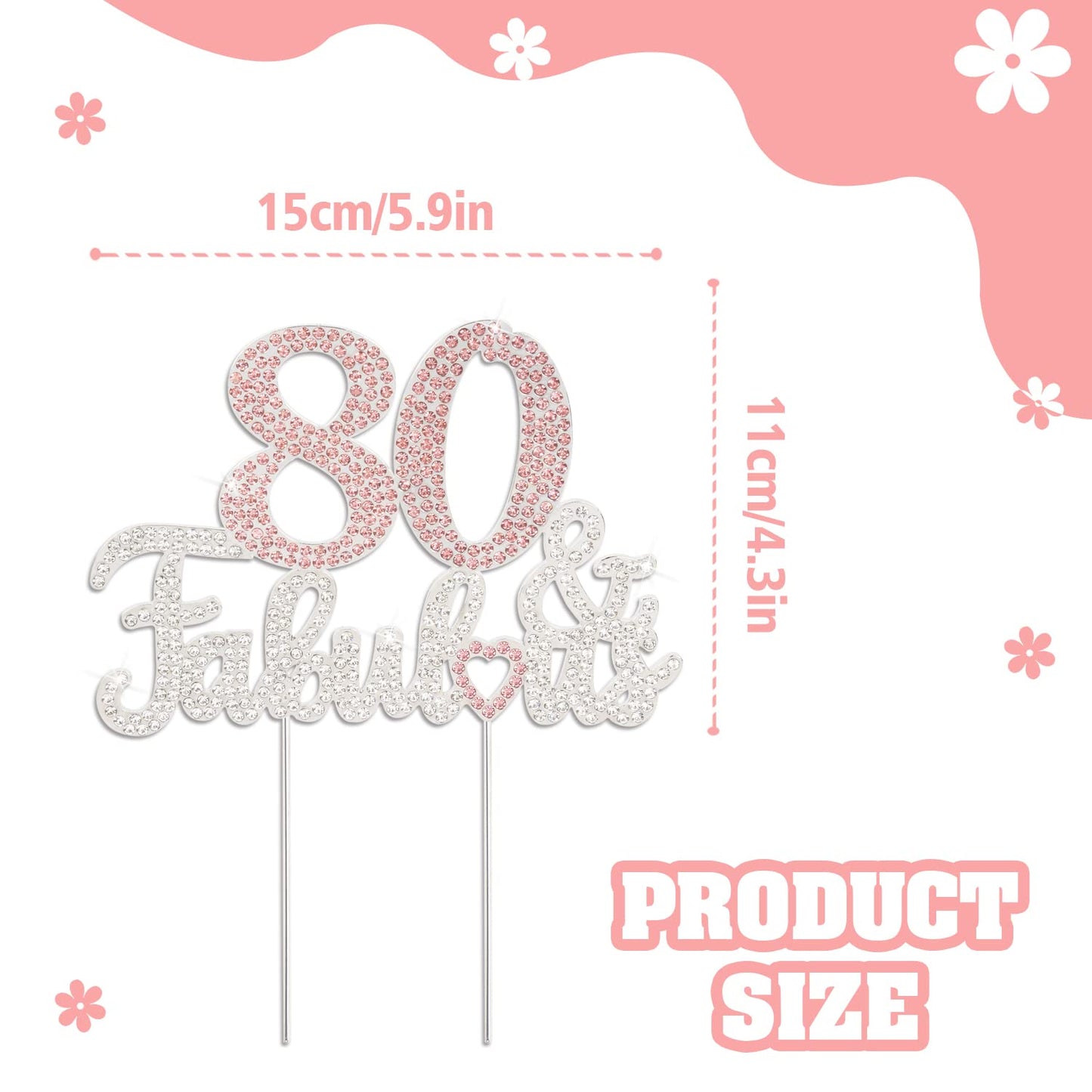 Laskyer 80 & Fabulous Silver Pink Rhinestone Cake Topper - Happy 80Th Birthday Cheers To Eighty Years Old Bday Party Metal Spark
