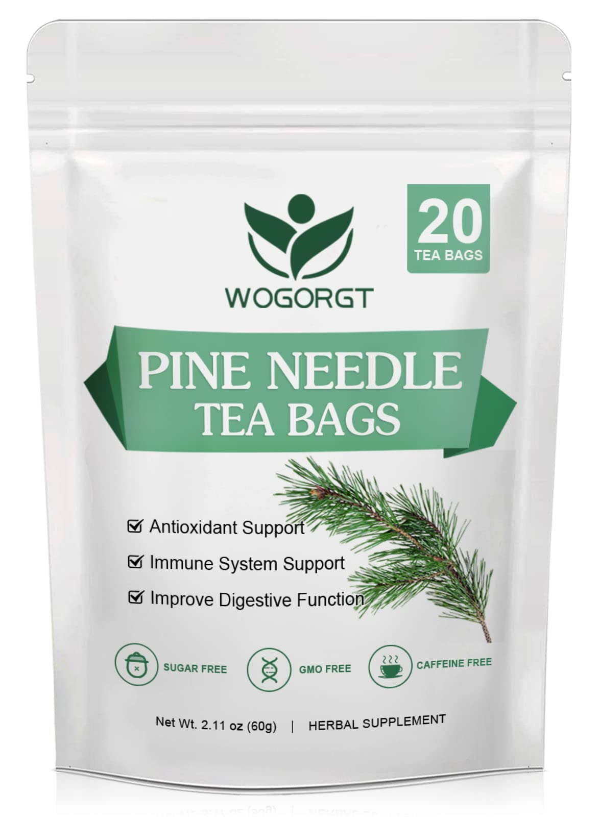 WOGORGT Pine Needle Tea Bags - Organic Herbal Tea, Caffeine Free, 20 Bags, 2.11 Ounce