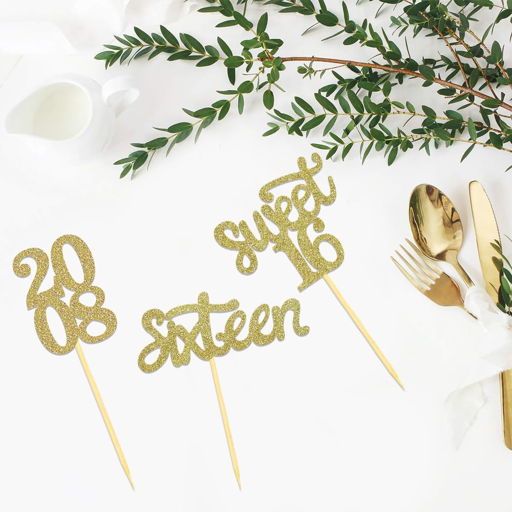 24 Pcs Sweet 16 Gold Glitter Birthday Cupcake Toppers For 16Th Birthday Celebrating Party Decorations (Gold)