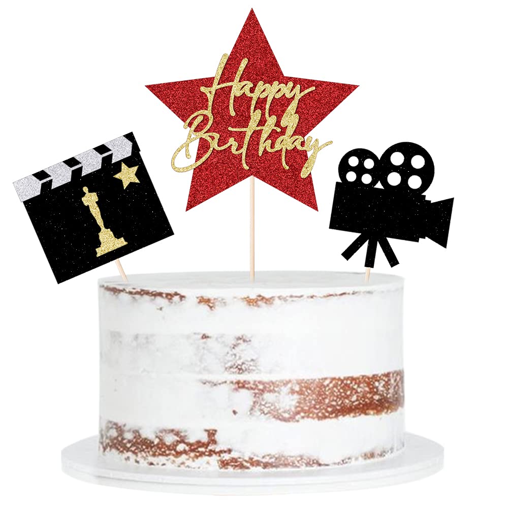 Qertesl Happy Birthday Movie Cake Topper,Movie Night Cupcake Toppers Decoration,Hollywood Theme Cake Party Decoration.