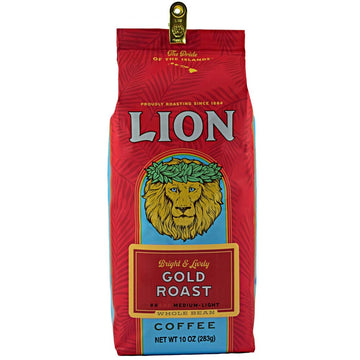 Lion Coffee Gold Roast Whole Bean Coffee, Medium-Light Roast, 10 Ounce Bag