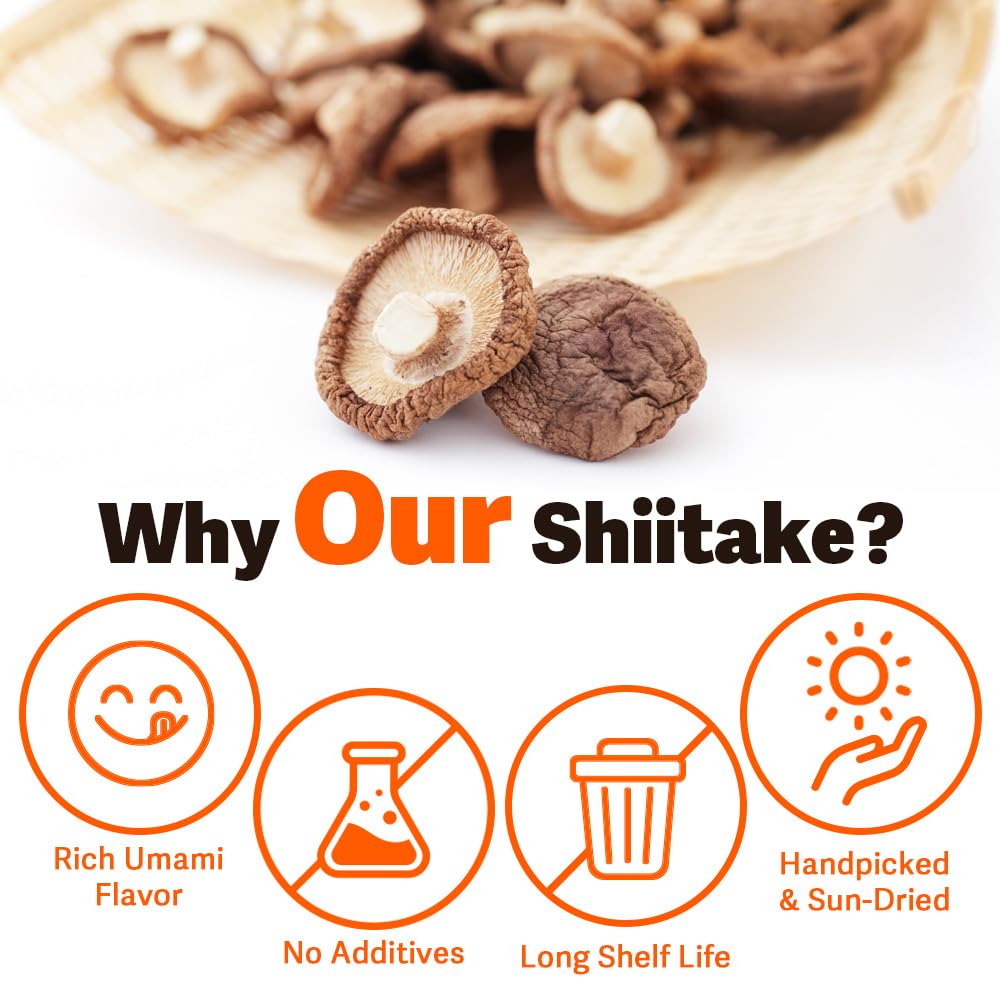 Dried Shiitake Mushrooms - Whole, Rich In Vitamin D, Potassium & Iron, Low Calories, Quick Hydration - Perfect For Ramen, Soups,