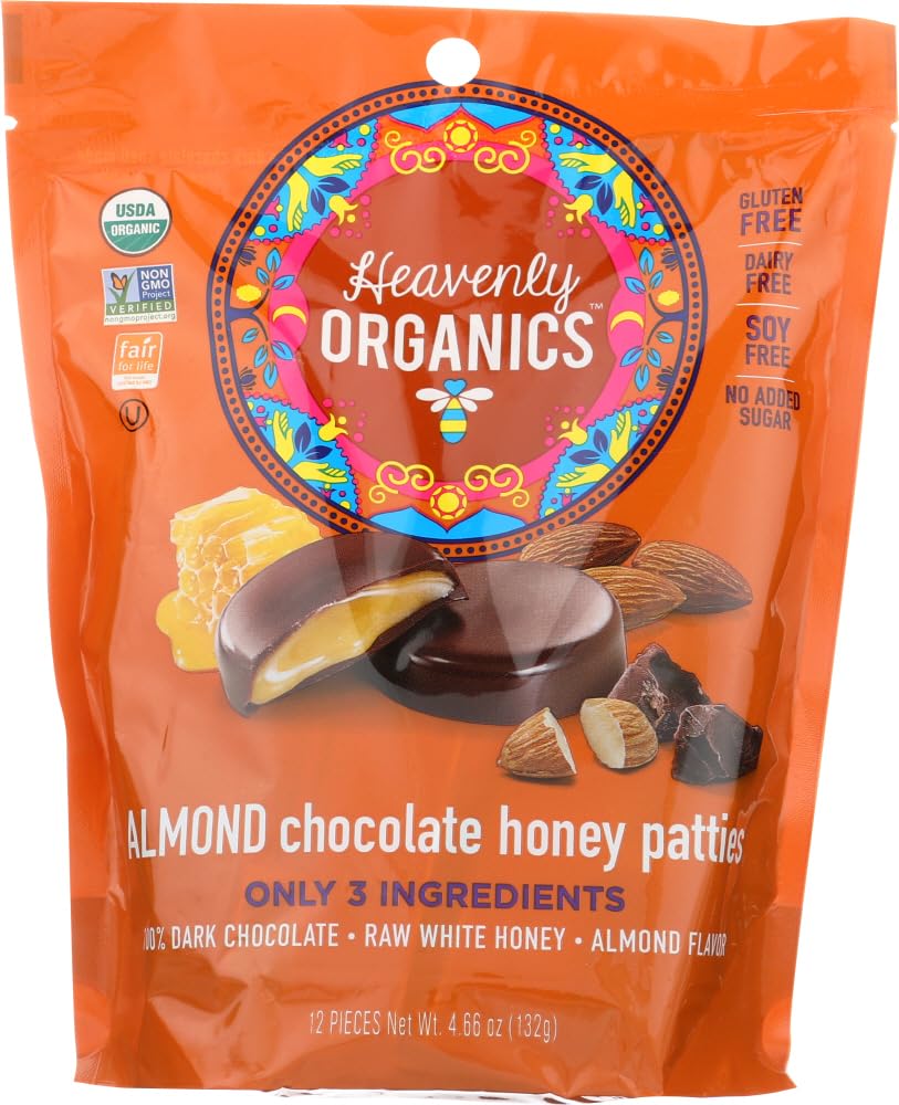 Heavenly Organics Almond Chocolate Honey Patties, Made With 100% Organic Cocoa And 100% Organic Raw White Honey; Non-Gmo, Fair Trade, Kosher, Dairy & Gluten Free, No Sugar Added 12 Per Bag -3 Pack