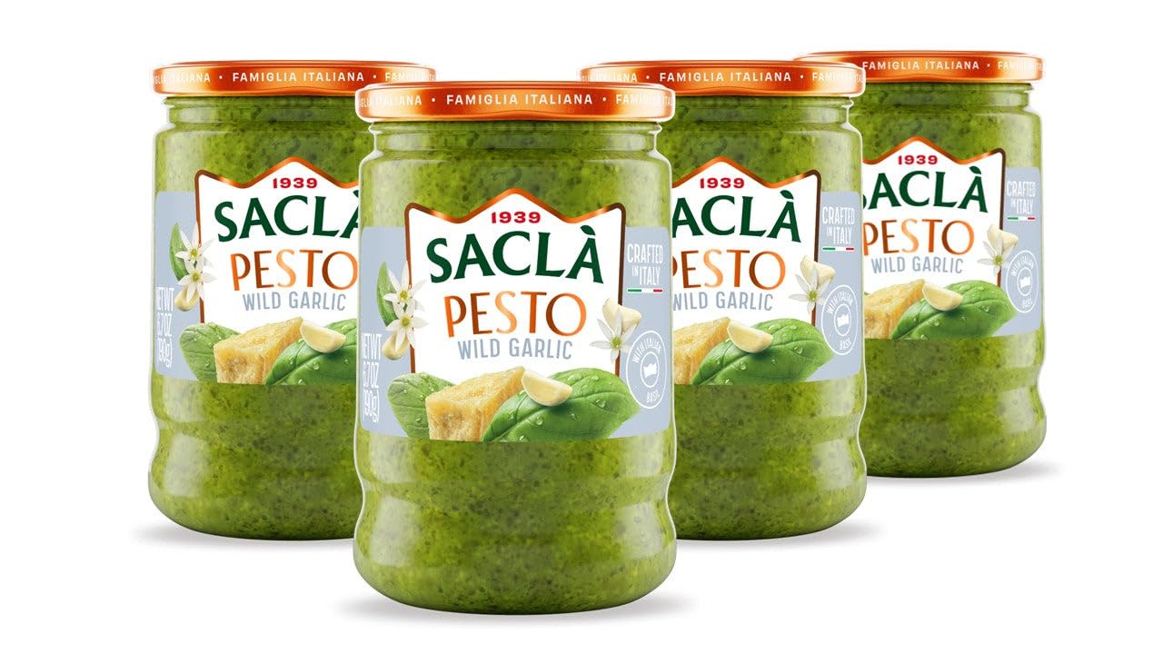 SACLA Wild Garlic Pesto Sauce 4-Pack | Basil & Wild Garlic Italian Pesto with Parmigiano Reggiano & Pecorino Romano Cheeses | FO