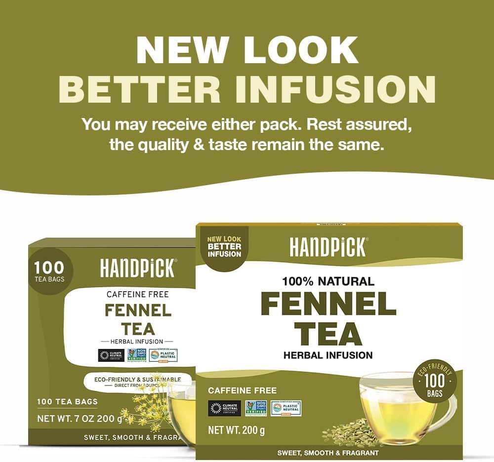 HANDPICK Fennel Tea Bags - 100 Caffeine Free Herbal Tea Bags, Made from 100% Natural Whole Fennel Seeds, Premium Quality, Sweet Taste & Aroma