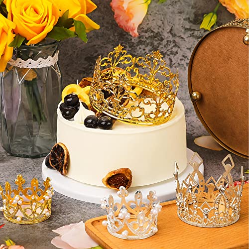 Moxweyeni 6 Pieces Silver Gold Rose Crown Cake Topper Mini Crown Cake Topper For Flower Bouquet Rhinestone Tiara Crown Cake Topp