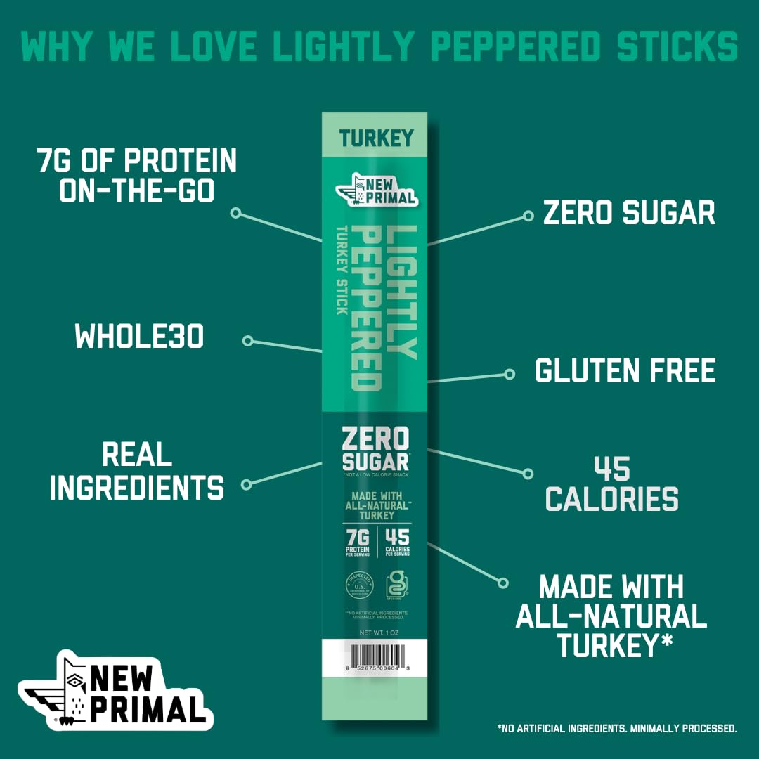 New Primal Lightly Peppered Turkey Sticks, Keto & Gluten Free Healthy Snacks for Adults, Sugar Free Low Carb High Protein Snack,