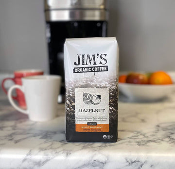 Jim’s Organic Coffee Hazelnut - All-Natural Flavored Light Roast Ground Coffee, 12 oz Bag