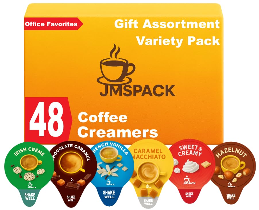 Coffee Creamer Single Serve Variety Pack, Gift Assortment Box, French Vanilla, Irish Cream, Caramel Macchiato, Sweet Cream, Chocolate Caramel, Hazelnut (Box Of 48Ct/ 6 Different Flavor), For Home, Office, Coffee, Bar, Gift.