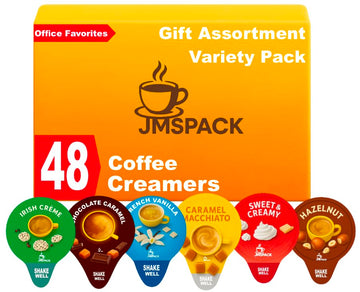 Coffee Creamer Single Serve Variety Pack, Gift Assortment Box, French Vanilla, Irish Cream, Caramel Macchiato, Sweet Cream, Chocolate Caramel, Hazelnut (Box Of 48Ct/ 6 Different Flavor), For Home, Office, Coffee, Bar, Gift.