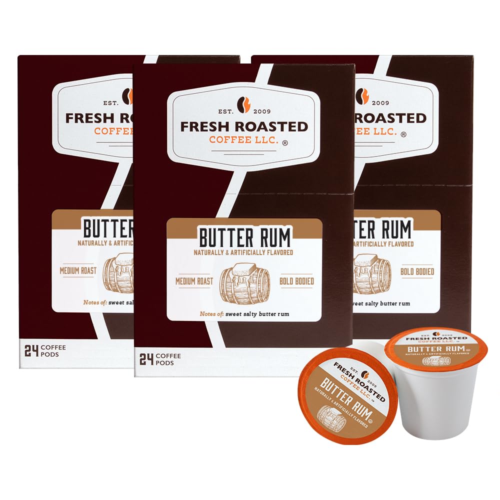 Fresh Roasted Coffee Butter Rum Flavored Coffee Pods, 72 Count, 24 Count (Pack of 3)