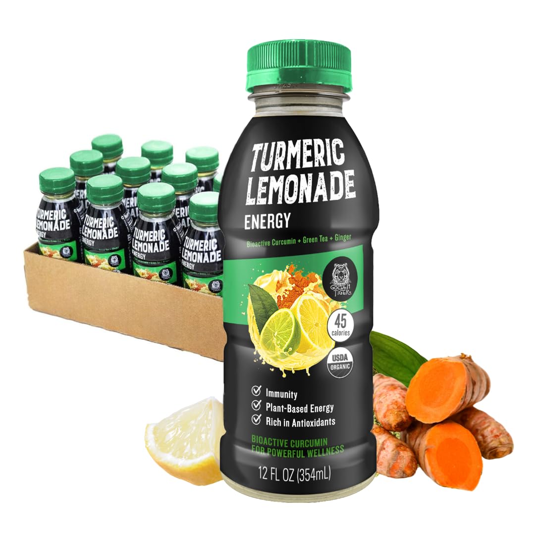 Golden Tiger Turmeric Lemonade, Energy - Organic Superfood-Infused Sports Drink With Curcumin, Ginger, & Green Tea - Antioxidants For Energy, Recovery, And Immunity, 45 Cals (12-Pack)